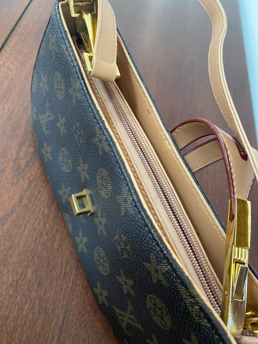 Designer-Inspired Monogram Mini Shoulder Bag in Brown and Tan - Picture 15 of 16